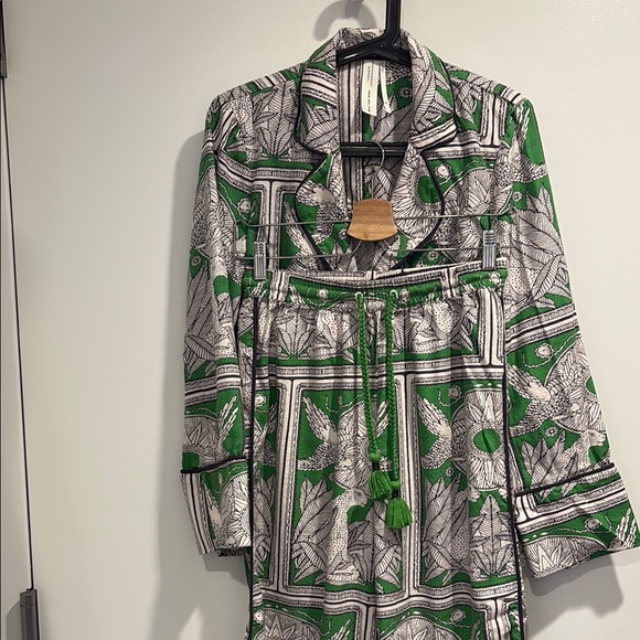 Anthropologie Green and White Patterned Pajamas Set